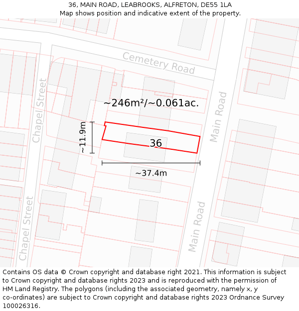 36, MAIN ROAD, LEABROOKS, ALFRETON, DE55 1LA: Plot and title map