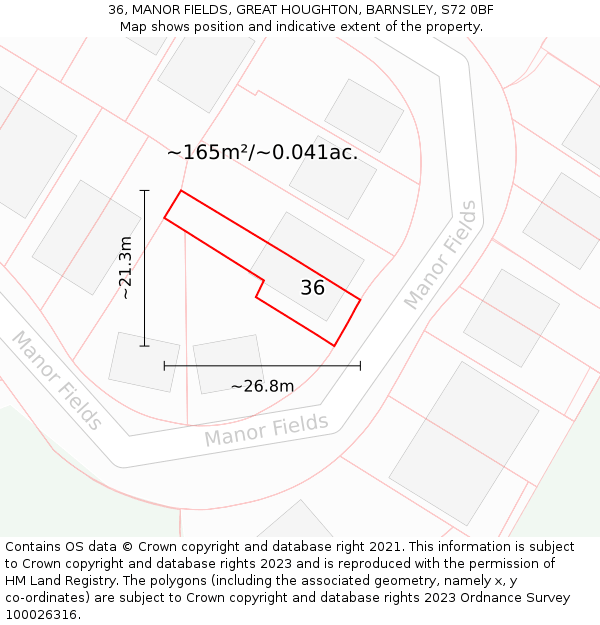 36, MANOR FIELDS, GREAT HOUGHTON, BARNSLEY, S72 0BF: Plot and title map