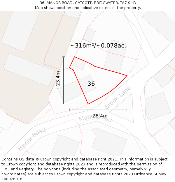 36, MANOR ROAD, CATCOTT, BRIDGWATER, TA7 9HD: Plot and title map