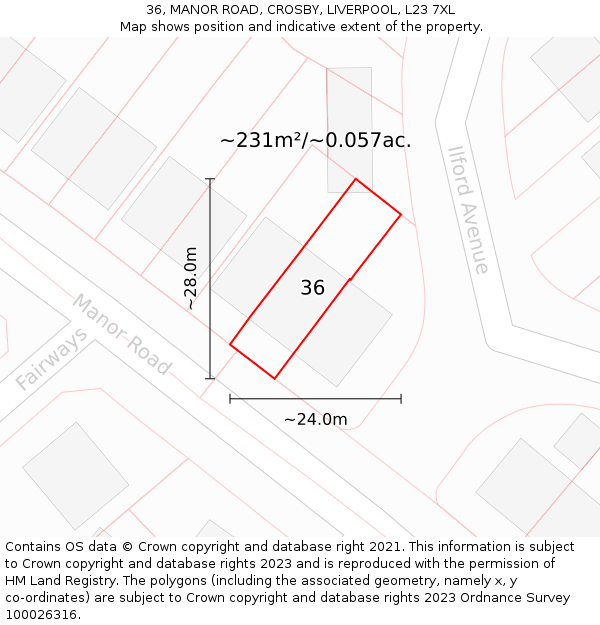 36, MANOR ROAD, CROSBY, LIVERPOOL, L23 7XL: Plot and title map