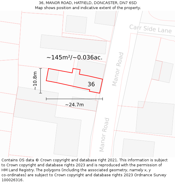 36, MANOR ROAD, HATFIELD, DONCASTER, DN7 6SD: Plot and title map