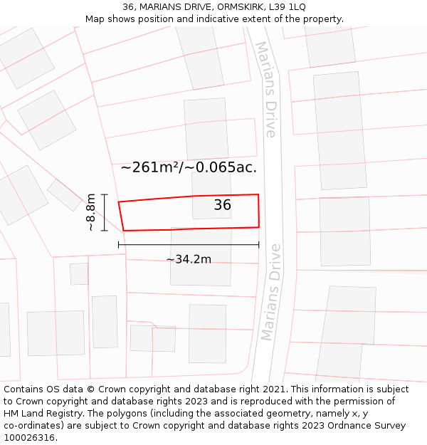 36, MARIANS DRIVE, ORMSKIRK, L39 1LQ: Plot and title map