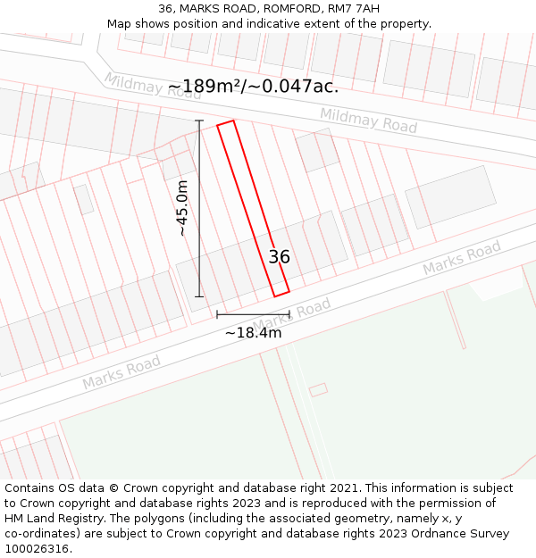 36, MARKS ROAD, ROMFORD, RM7 7AH: Plot and title map