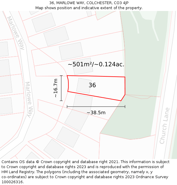 36, MARLOWE WAY, COLCHESTER, CO3 4JP: Plot and title map