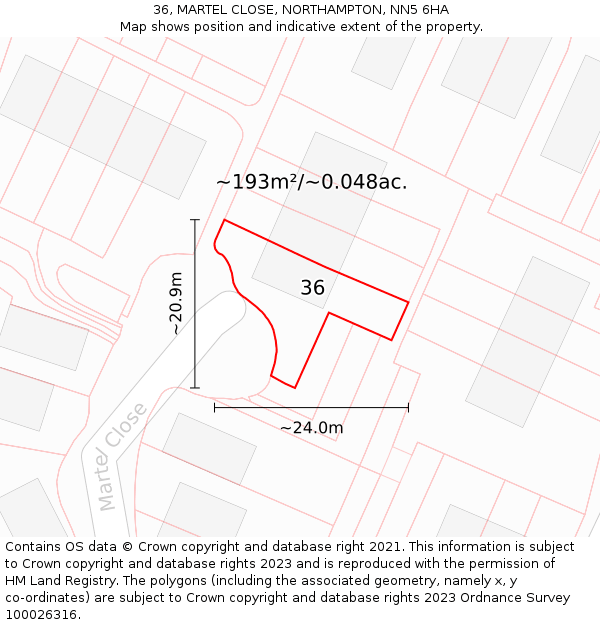 36, MARTEL CLOSE, NORTHAMPTON, NN5 6HA: Plot and title map
