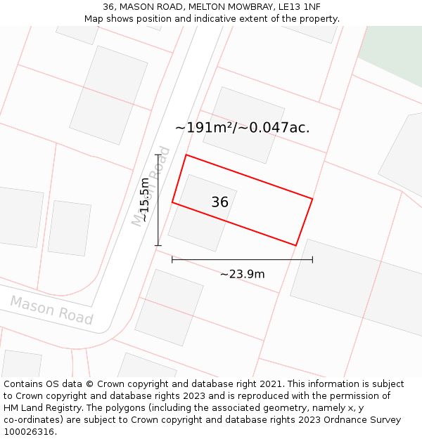 36, MASON ROAD, MELTON MOWBRAY, LE13 1NF: Plot and title map