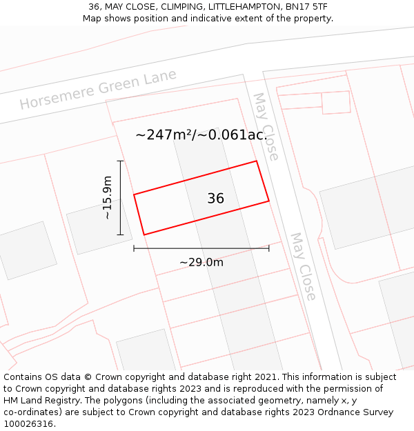 36, MAY CLOSE, CLIMPING, LITTLEHAMPTON, BN17 5TF: Plot and title map