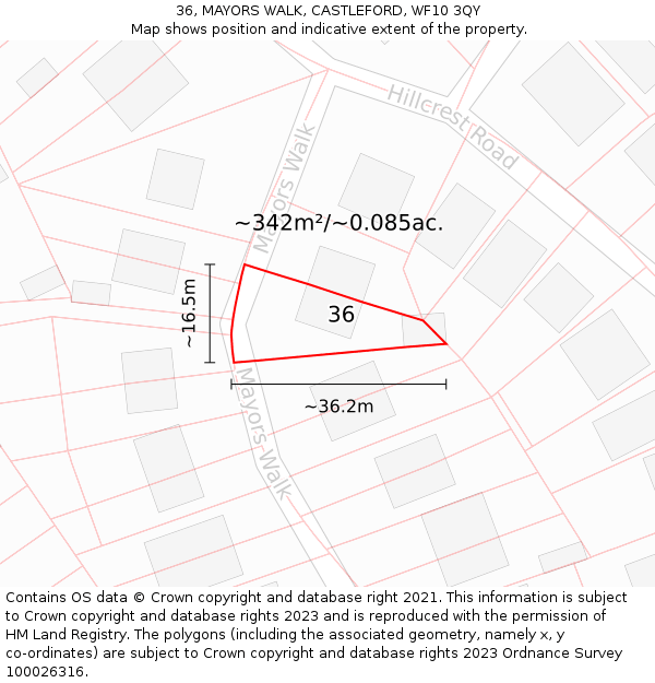 36, MAYORS WALK, CASTLEFORD, WF10 3QY: Plot and title map