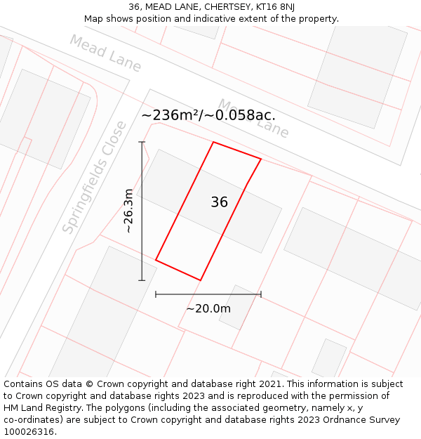 36, MEAD LANE, CHERTSEY, KT16 8NJ: Plot and title map