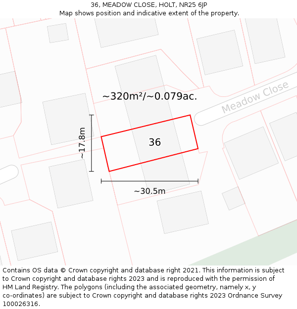 36, MEADOW CLOSE, HOLT, NR25 6JP: Plot and title map