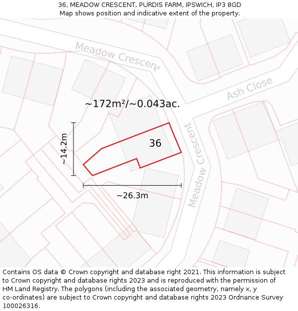 36, MEADOW CRESCENT, PURDIS FARM, IPSWICH, IP3 8GD: Plot and title map