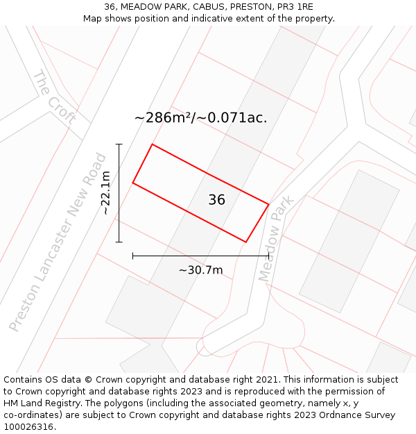 36, MEADOW PARK, CABUS, PRESTON, PR3 1RE: Plot and title map