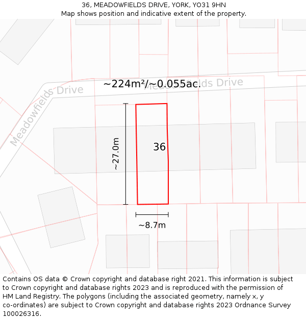 36, MEADOWFIELDS DRIVE, YORK, YO31 9HN: Plot and title map
