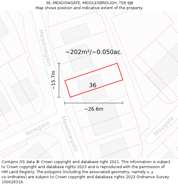 36, MEADOWGATE, MIDDLESBROUGH, TS6 9JB: Plot and title map
