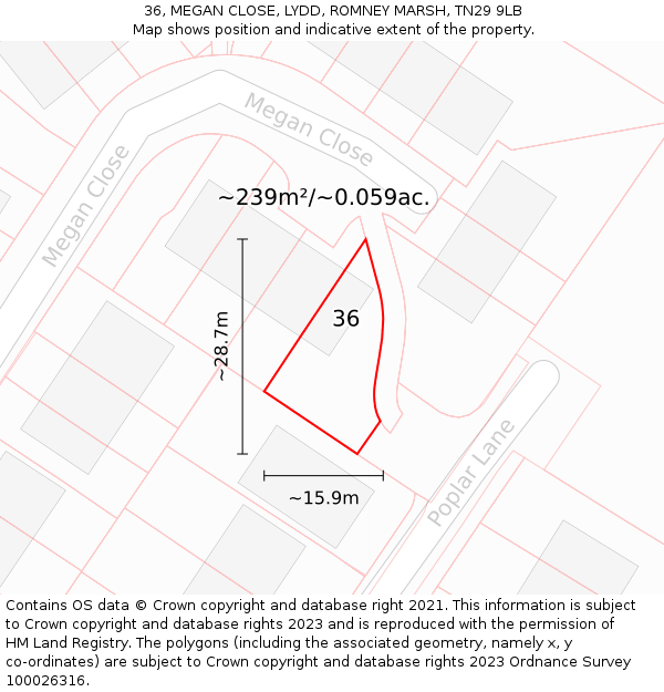 36, MEGAN CLOSE, LYDD, ROMNEY MARSH, TN29 9LB: Plot and title map