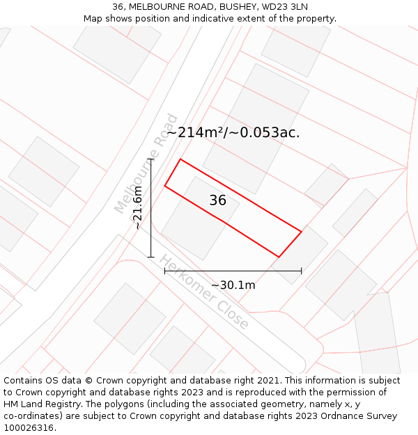 36, MELBOURNE ROAD, BUSHEY, WD23 3LN: Plot and title map