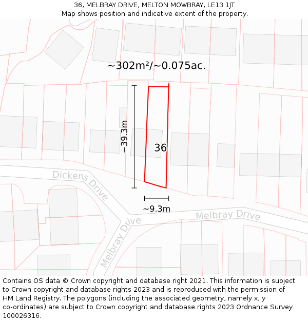 36, MELBRAY DRIVE, MELTON MOWBRAY, LE13 1JT: Plot and title map