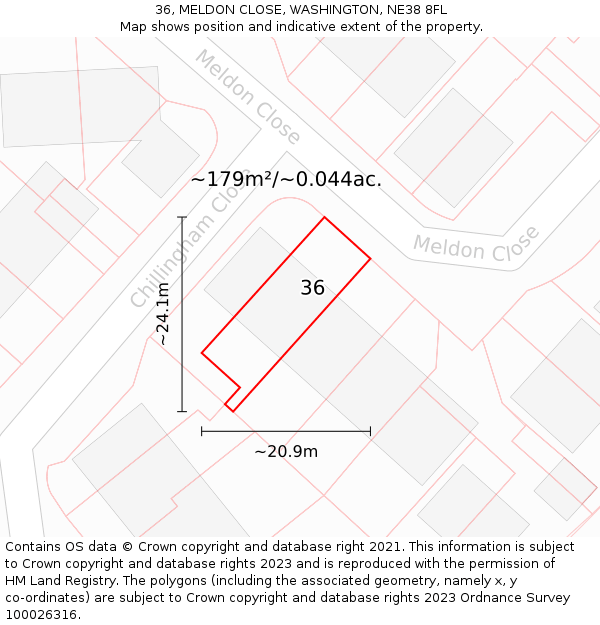 36, MELDON CLOSE, WASHINGTON, NE38 8FL: Plot and title map