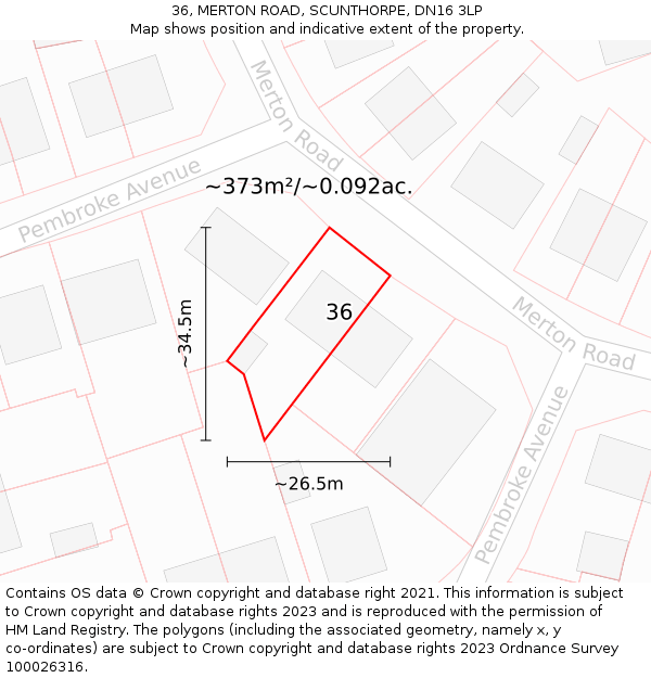 36, MERTON ROAD, SCUNTHORPE, DN16 3LP: Plot and title map