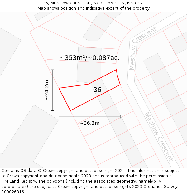 36, MESHAW CRESCENT, NORTHAMPTON, NN3 3NF: Plot and title map