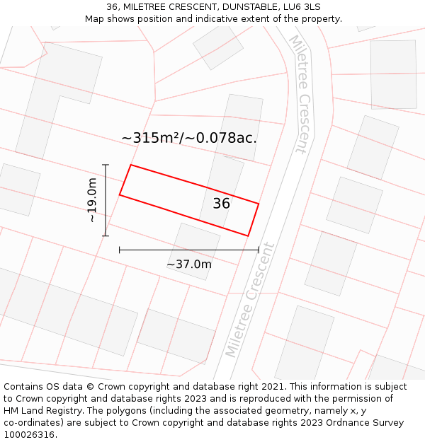 36, MILETREE CRESCENT, DUNSTABLE, LU6 3LS: Plot and title map