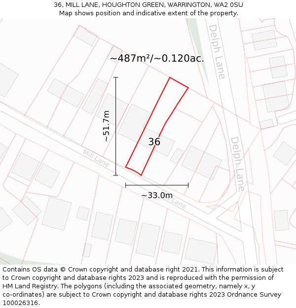 36, MILL LANE, HOUGHTON GREEN, WARRINGTON, WA2 0SU: Plot and title map