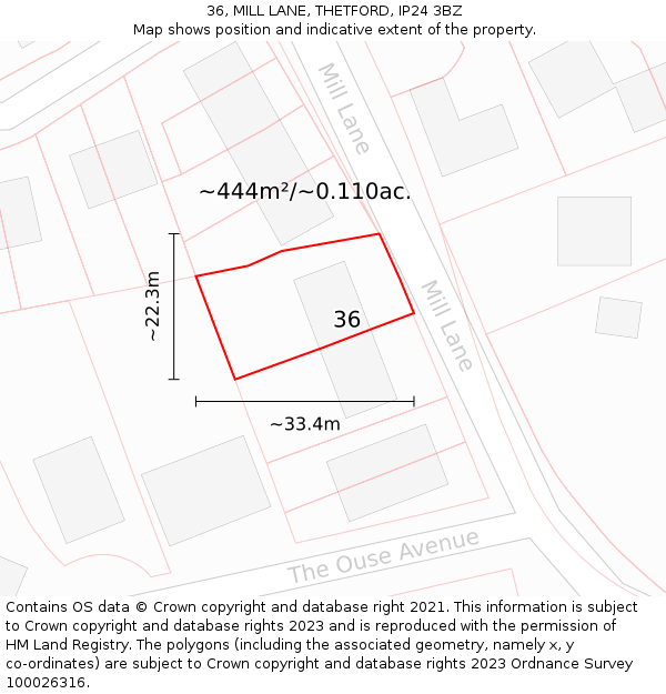 36, MILL LANE, THETFORD, IP24 3BZ: Plot and title map