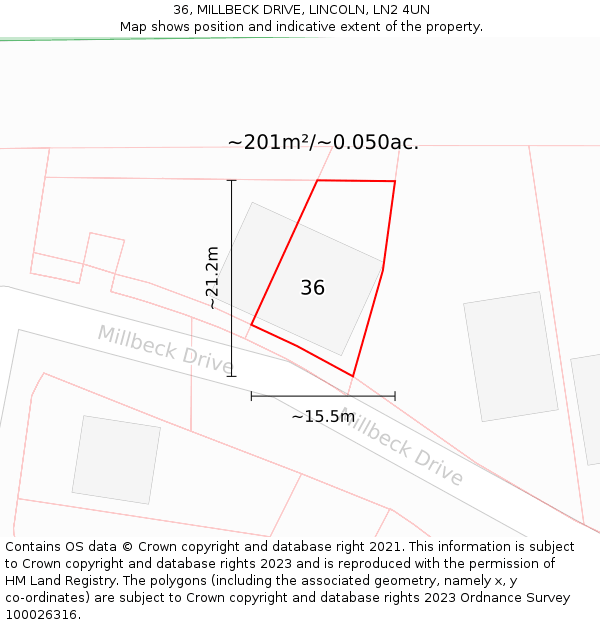 36, MILLBECK DRIVE, LINCOLN, LN2 4UN: Plot and title map
