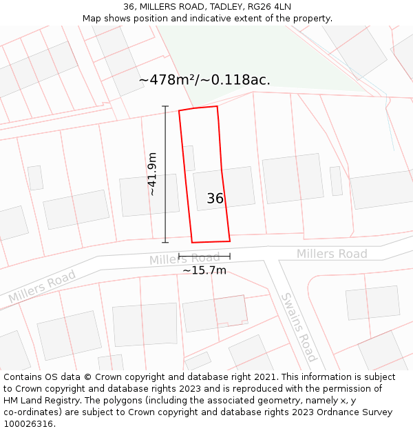 36, MILLERS ROAD, TADLEY, RG26 4LN: Plot and title map