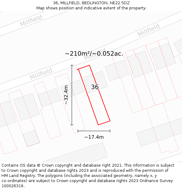 36, MILLFIELD, BEDLINGTON, NE22 5DZ: Plot and title map