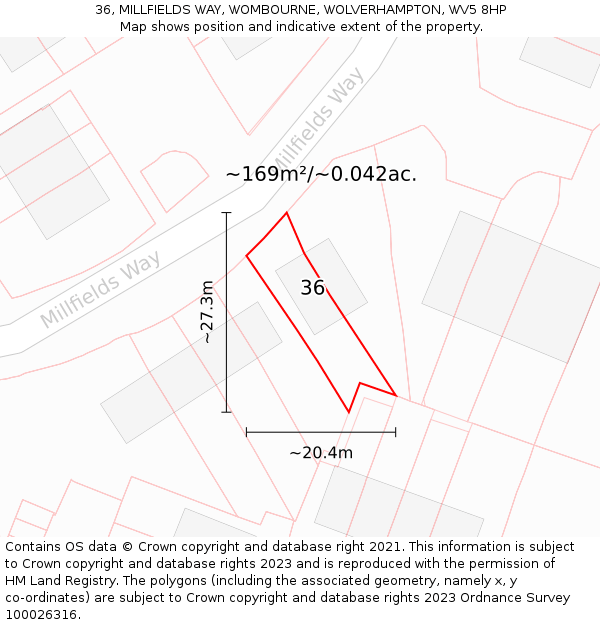 36, MILLFIELDS WAY, WOMBOURNE, WOLVERHAMPTON, WV5 8HP: Plot and title map