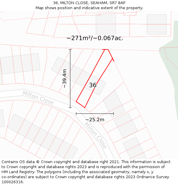 36, MILTON CLOSE, SEAHAM, SR7 8AP: Plot and title map
