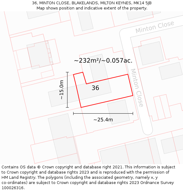 36, MINTON CLOSE, BLAKELANDS, MILTON KEYNES, MK14 5JB: Plot and title map