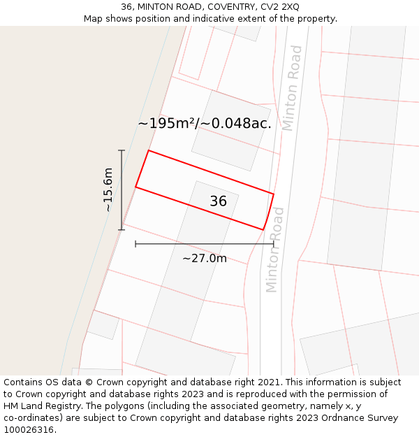 36, MINTON ROAD, COVENTRY, CV2 2XQ: Plot and title map