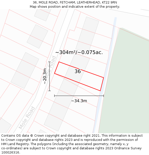 36, MOLE ROAD, FETCHAM, LEATHERHEAD, KT22 9RN: Plot and title map