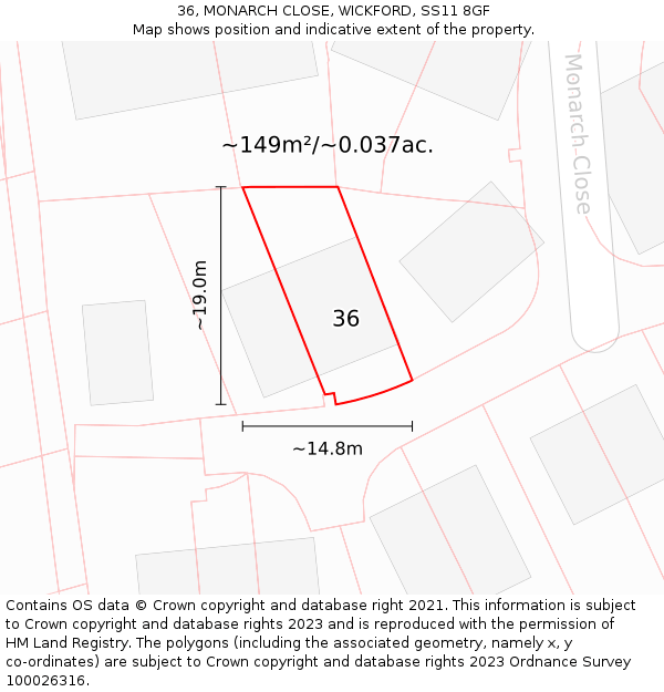 36, MONARCH CLOSE, WICKFORD, SS11 8GF: Plot and title map