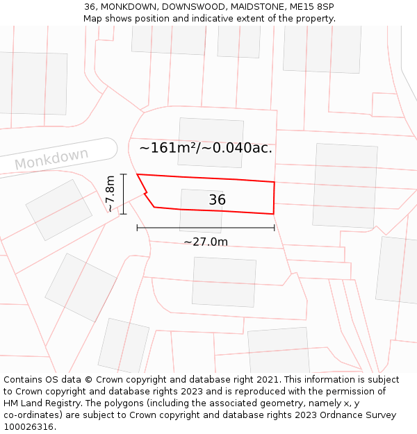 36, MONKDOWN, DOWNSWOOD, MAIDSTONE, ME15 8SP: Plot and title map