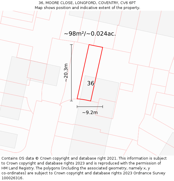 36, MOORE CLOSE, LONGFORD, COVENTRY, CV6 6PT: Plot and title map