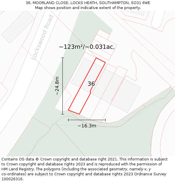 36, MOORLAND CLOSE, LOCKS HEATH, SOUTHAMPTON, SO31 6WE: Plot and title map