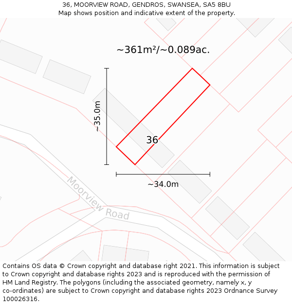 36, MOORVIEW ROAD, GENDROS, SWANSEA, SA5 8BU: Plot and title map