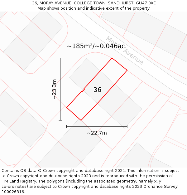 36, MORAY AVENUE, COLLEGE TOWN, SANDHURST, GU47 0XE: Plot and title map