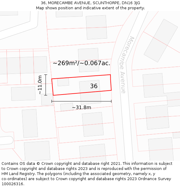 36, MORECAMBE AVENUE, SCUNTHORPE, DN16 3JG: Plot and title map