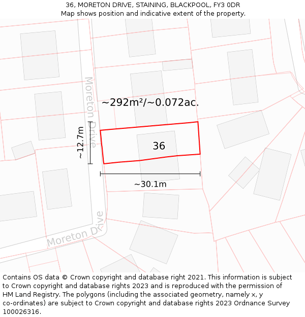 36, MORETON DRIVE, STAINING, BLACKPOOL, FY3 0DR: Plot and title map