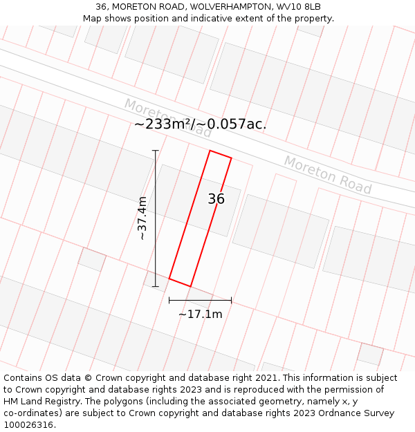 36, MORETON ROAD, WOLVERHAMPTON, WV10 8LB: Plot and title map