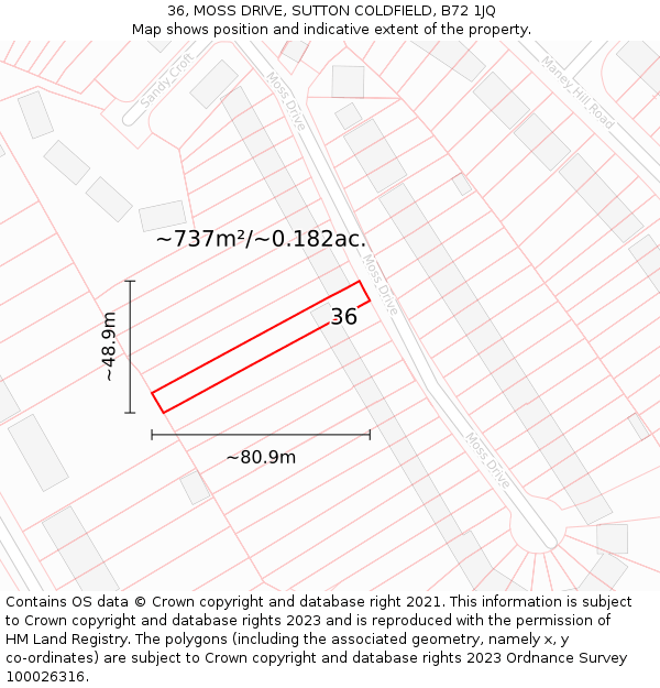 36, MOSS DRIVE, SUTTON COLDFIELD, B72 1JQ: Plot and title map