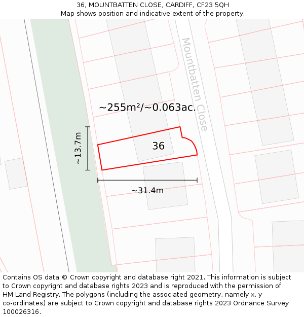 36, MOUNTBATTEN CLOSE, CARDIFF, CF23 5QH: Plot and title map
