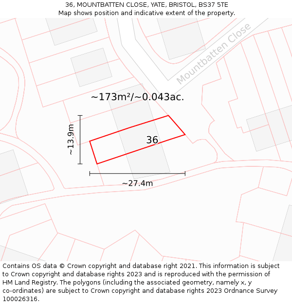 36, MOUNTBATTEN CLOSE, YATE, BRISTOL, BS37 5TE: Plot and title map