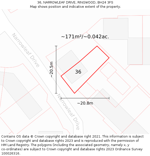 36, NARROWLEAF DRIVE, RINGWOOD, BH24 3FS: Plot and title map