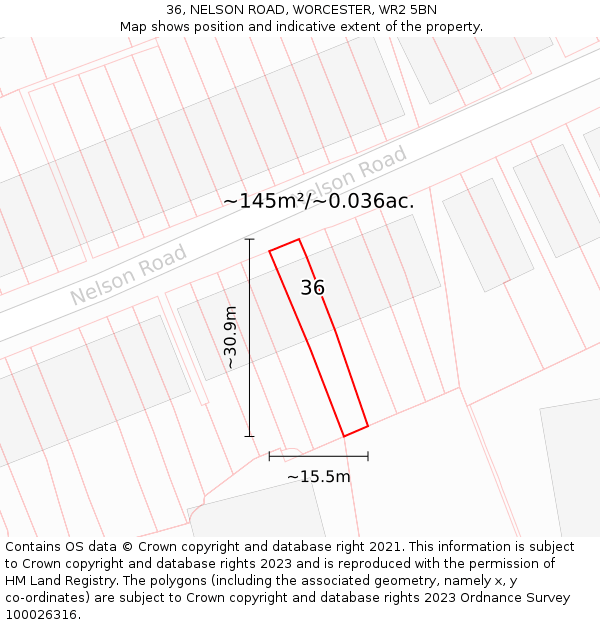 36, NELSON ROAD, WORCESTER, WR2 5BN: Plot and title map