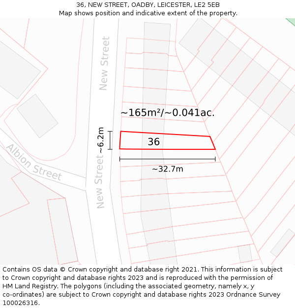 36, NEW STREET, OADBY, LEICESTER, LE2 5EB: Plot and title map